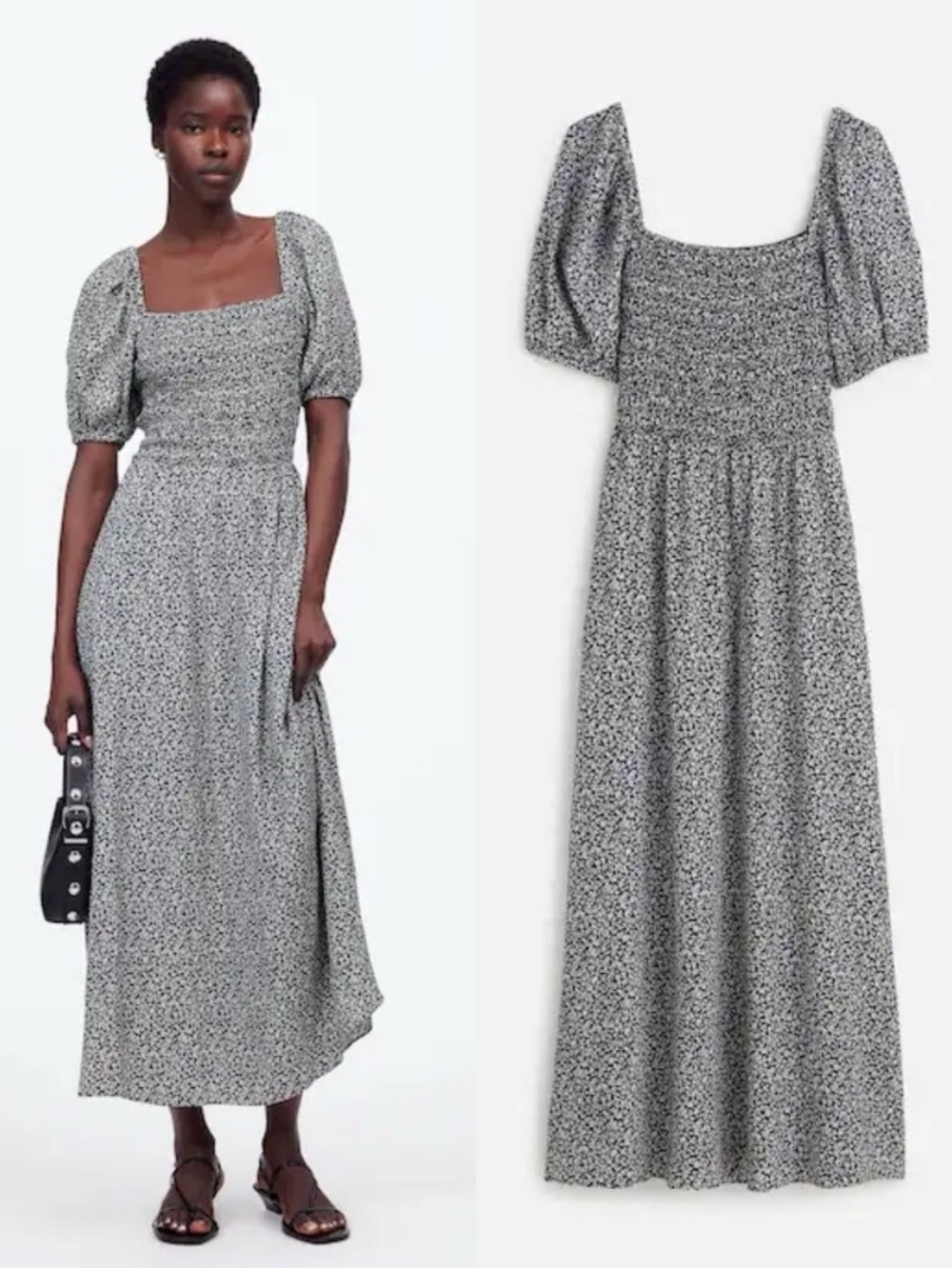 Madewell Black and White Floral Smocked Midi Dress